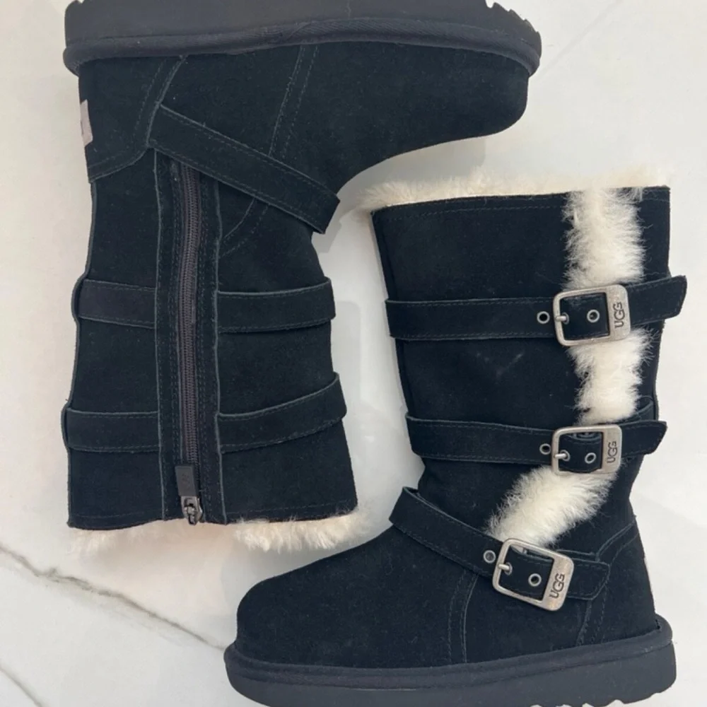 UGG Black Suede Boots with Buckle Accents